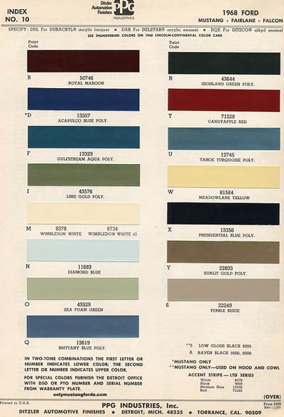 1967 Ford Mustang Color Chart