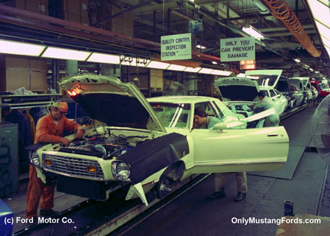 1975 ford mustang on manufacturing line